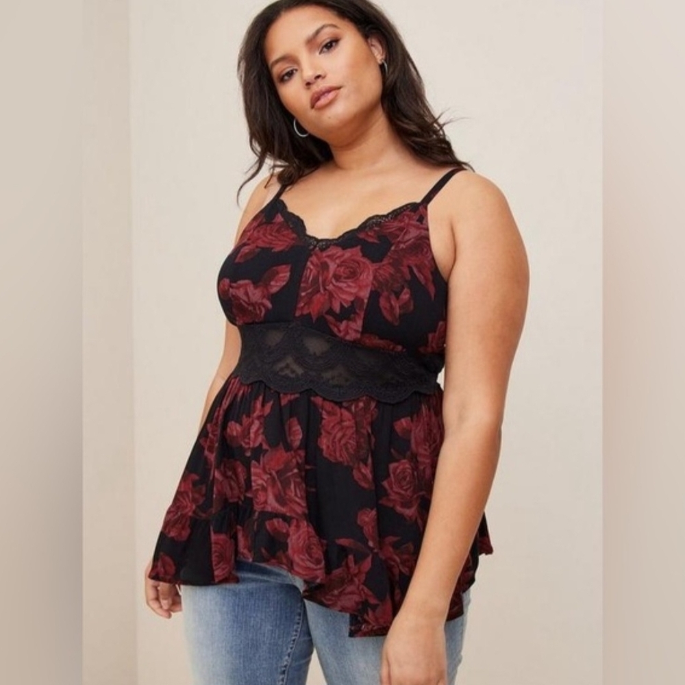 Torrid Babydoll Gauze Lace Inset Camisole Floral Black